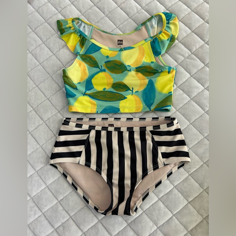 Tea Collection Size 8 Lemon Black & White Stripe Swimsuit